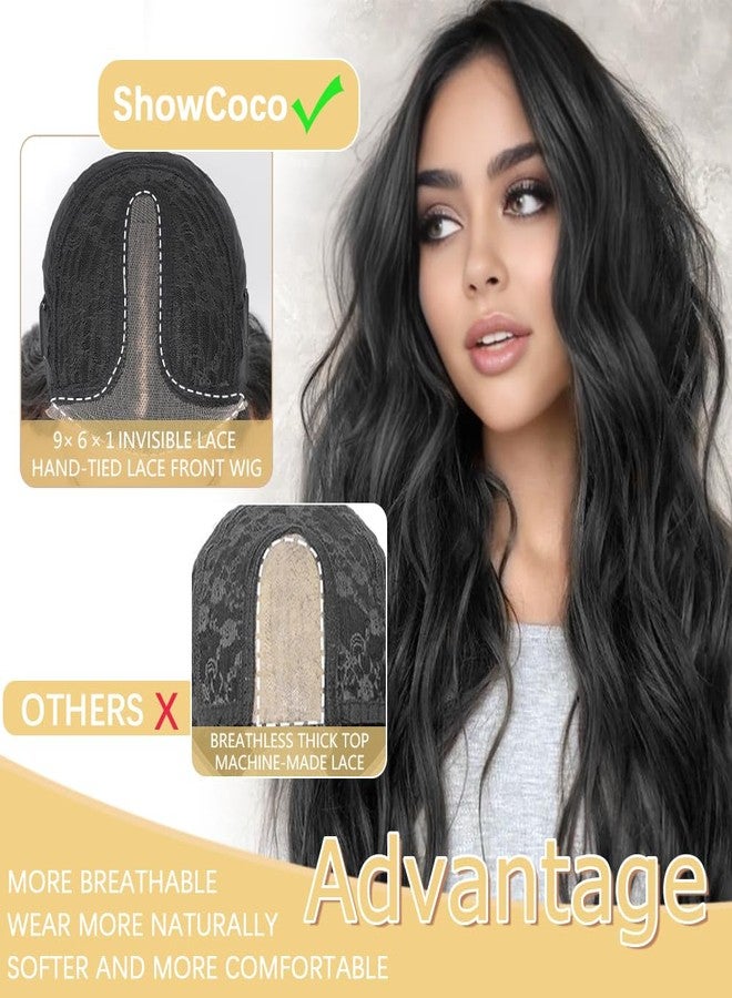 ShowCoco Black Wig for Women 26 Inch Pre Cut Hand-Tied Lace Long Wavy Natural Hairline Middle Part Hair Replacement Wigs for Women Beginners Natural Synthetic Wig for Daily Party 3 Seconds to Wear - Image 3